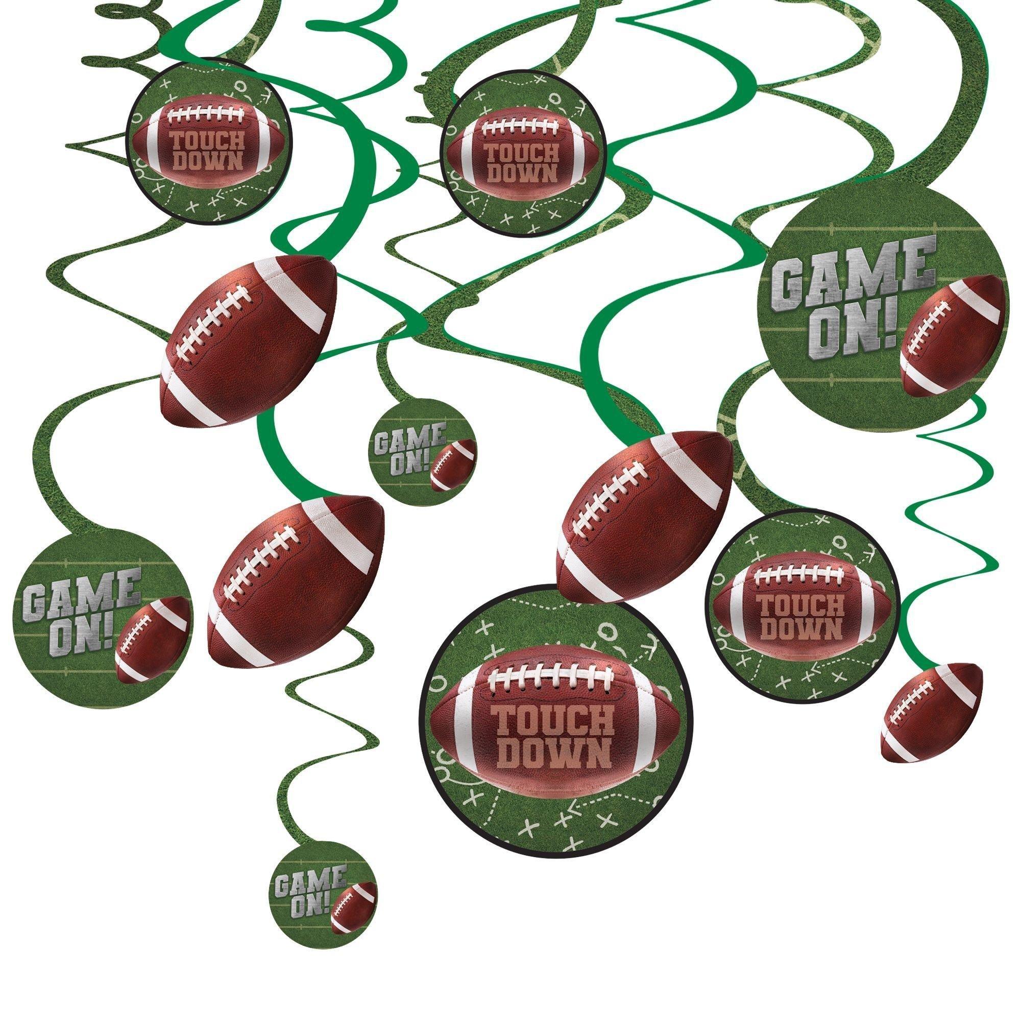 Go Fight Win Football Party Supplies Pack for 18 Guests - Kit Includes Plates, Napkins, Table Cover, Cups, Cutlery, Serving Platter, Banner & Swirl Decorations